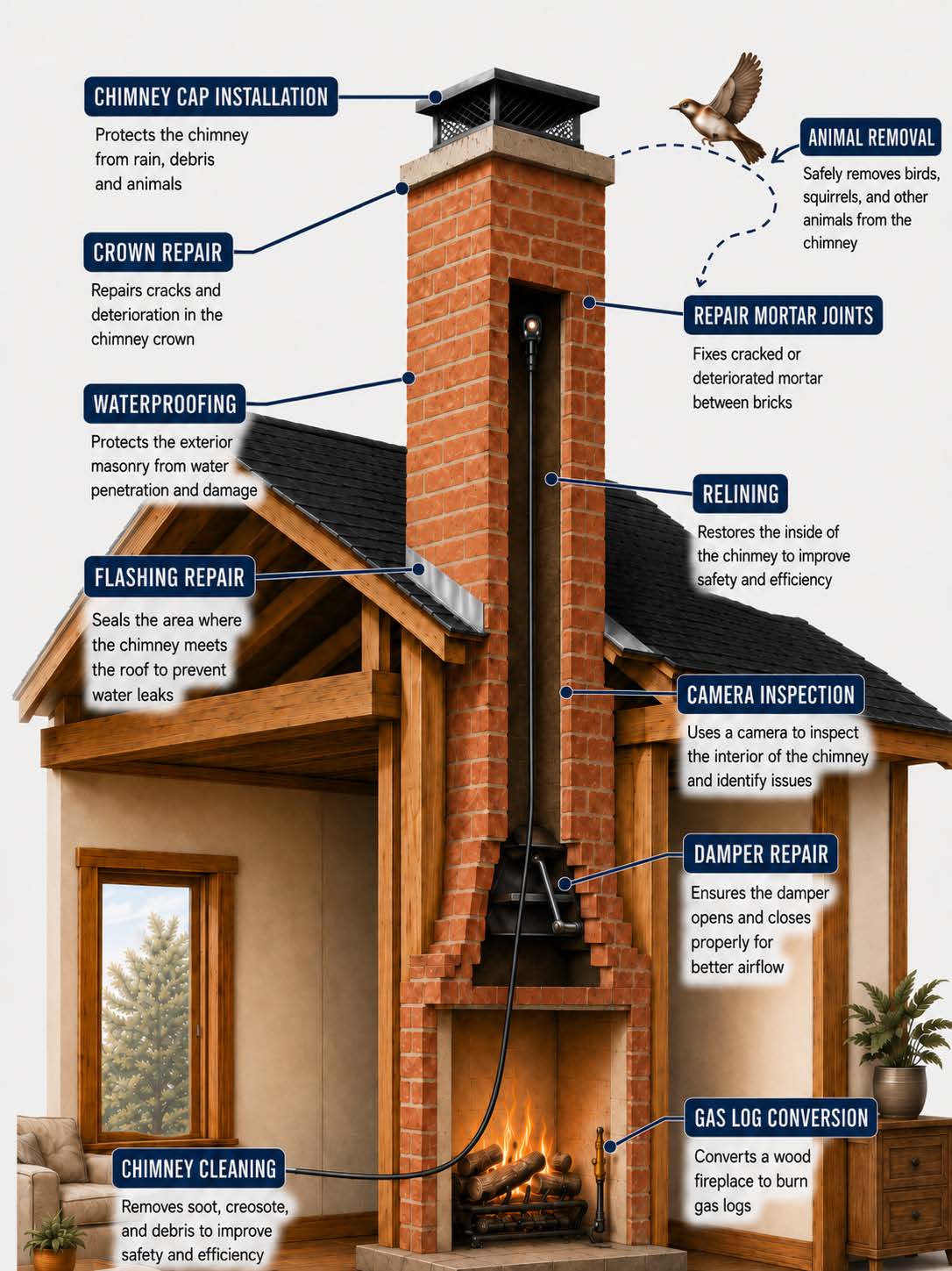 Brick fireplace chimney chart showing chimney cap installation, crown repair, waterproofing, flashing repair, chimney cleaning, animal removal, mortar joint repair, relining, camera inspection, damper repair, and gas log conversion