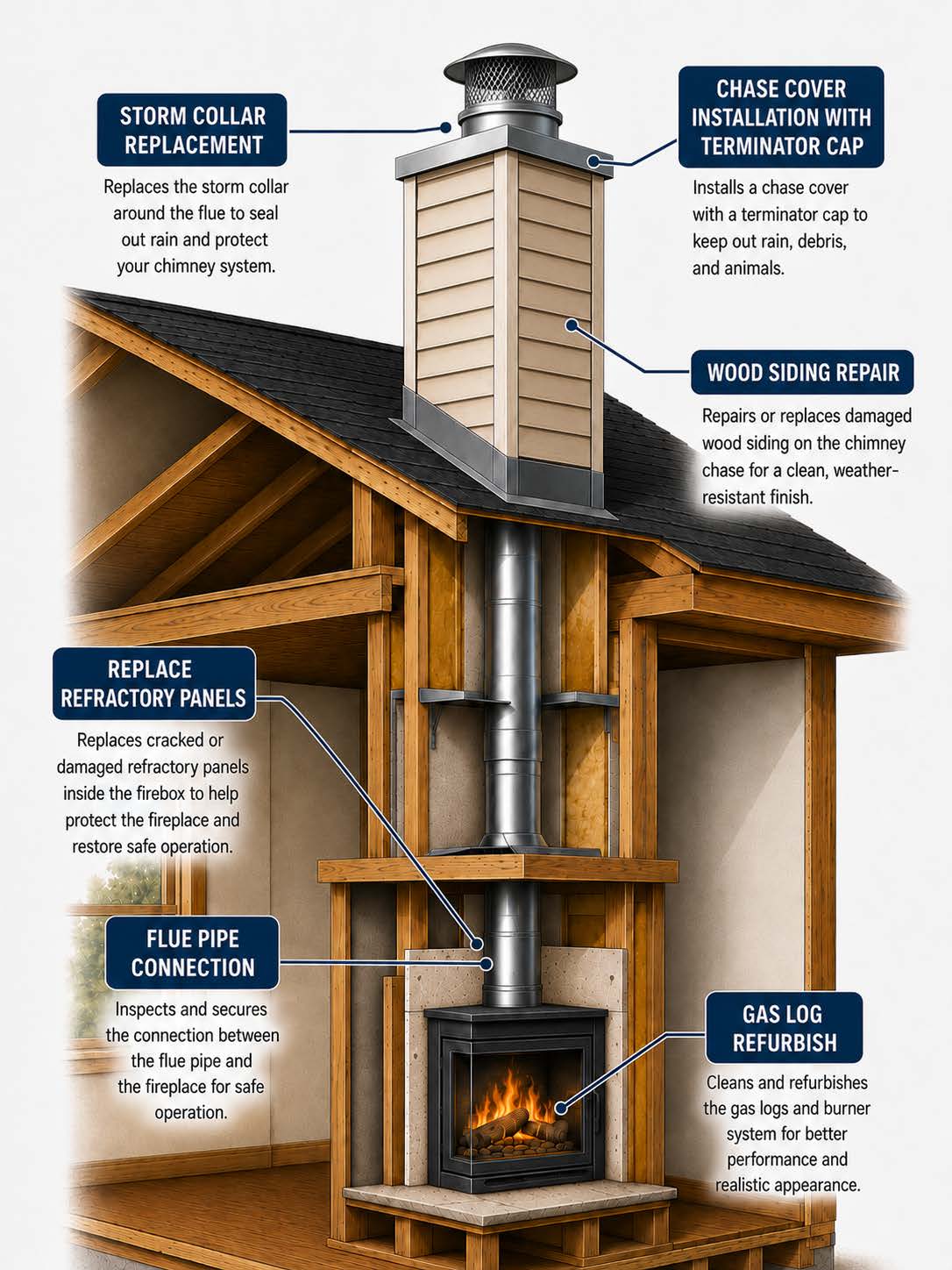 Wood fireplace chimney chart showing storm collar replacement, chase cover installation, wood siding repair, refractory panel replacement, flue pipe connection, and gas log refurbish